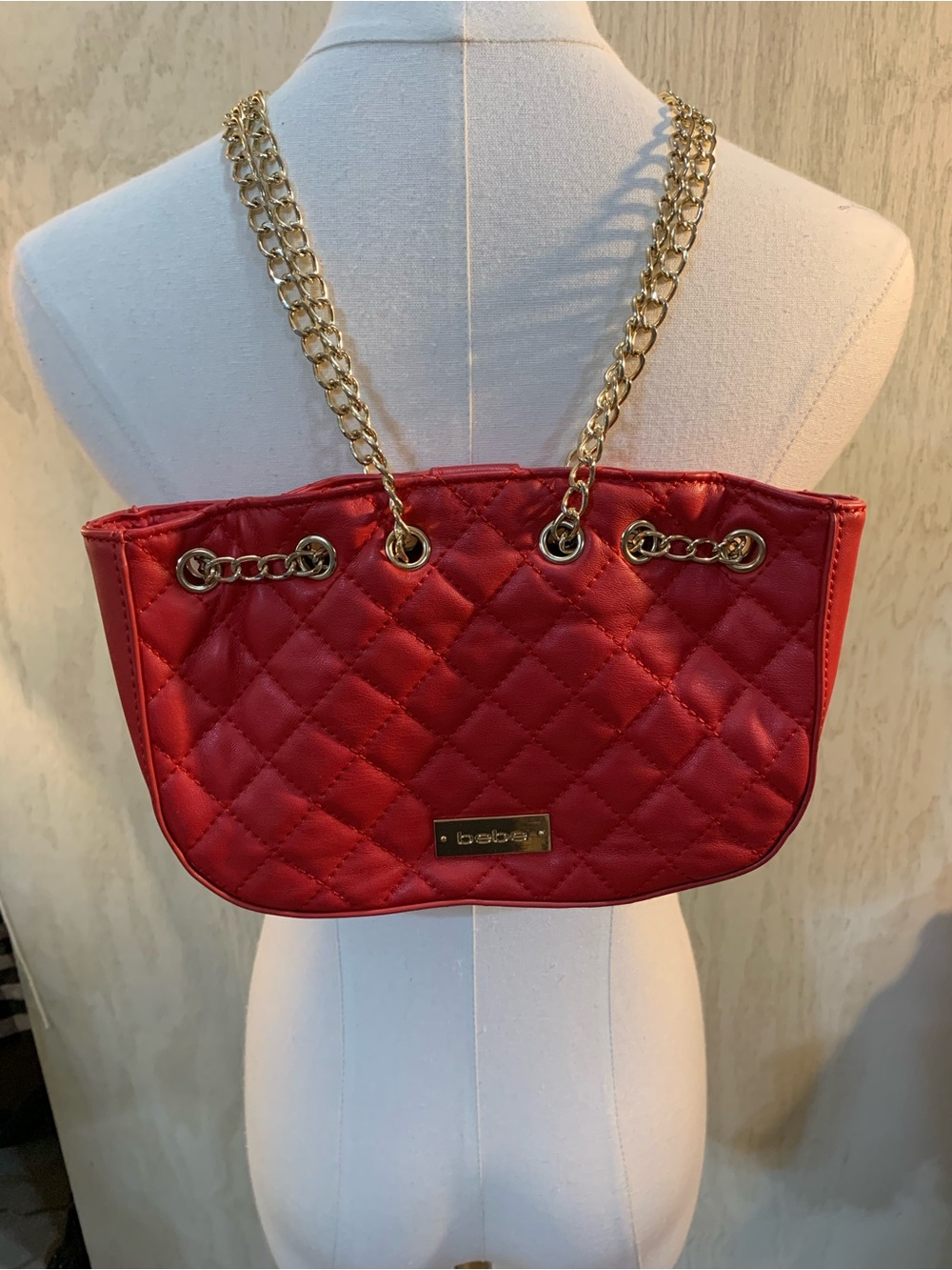 bebe Quilted Red Shoulder Bag with Gold Chain Handles